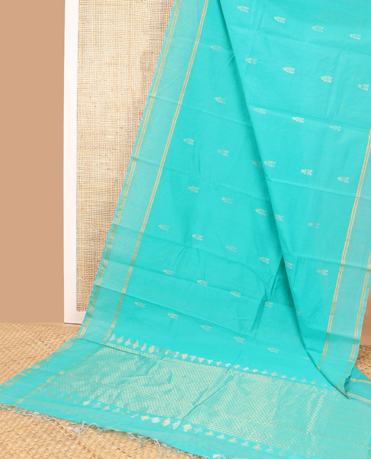 Blue floral design silk cotton saree with self zari border & chevron design pallu