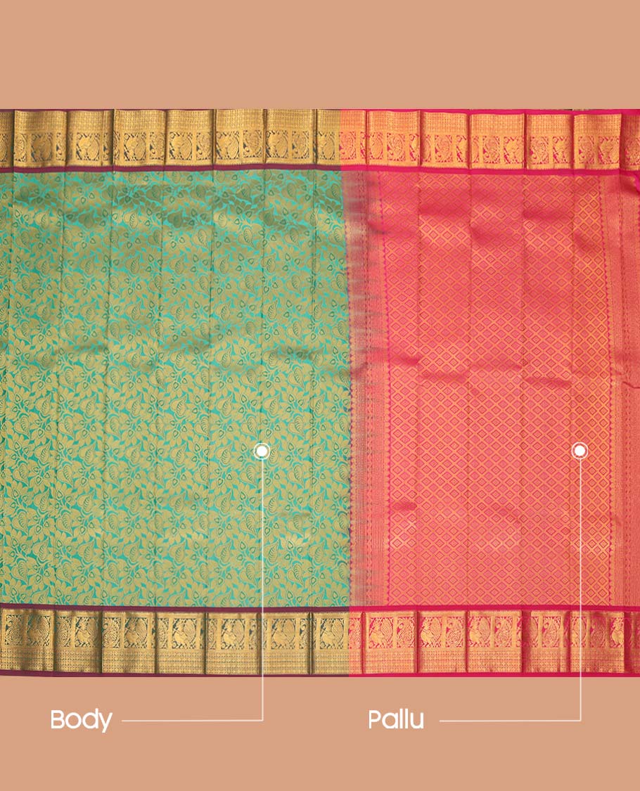 Green Budget Silk Saree, Accentuated with Floral Vine Design, Complemented by Contrast Peacock and Paisley Zari Border, a Jaal Pallu and a Contrast Blouse