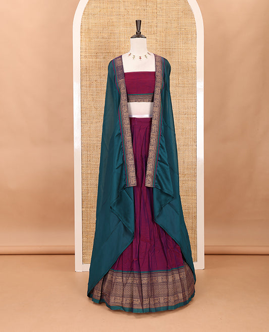 Purple with green cotton half saree with contrast elephant design border,elephant design blouse & zari design border dhavani