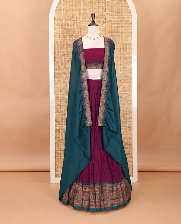 Purple with green cotton half saree with contrast elephant design border,elephant design blouse & zari design border dhavani