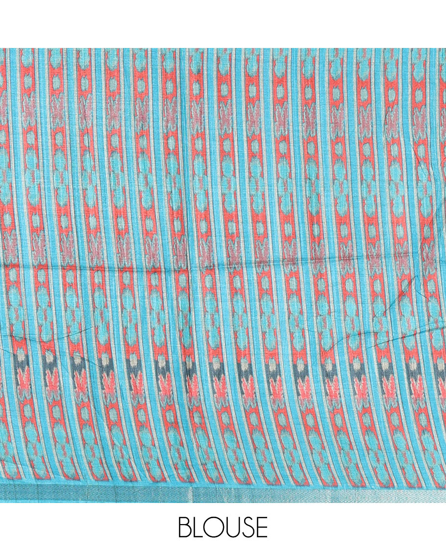 Chikku and blue  Radha motifs printed katan silk saree, contrast temple border, ikkat motifs woven pallu, and contrast printed pallu