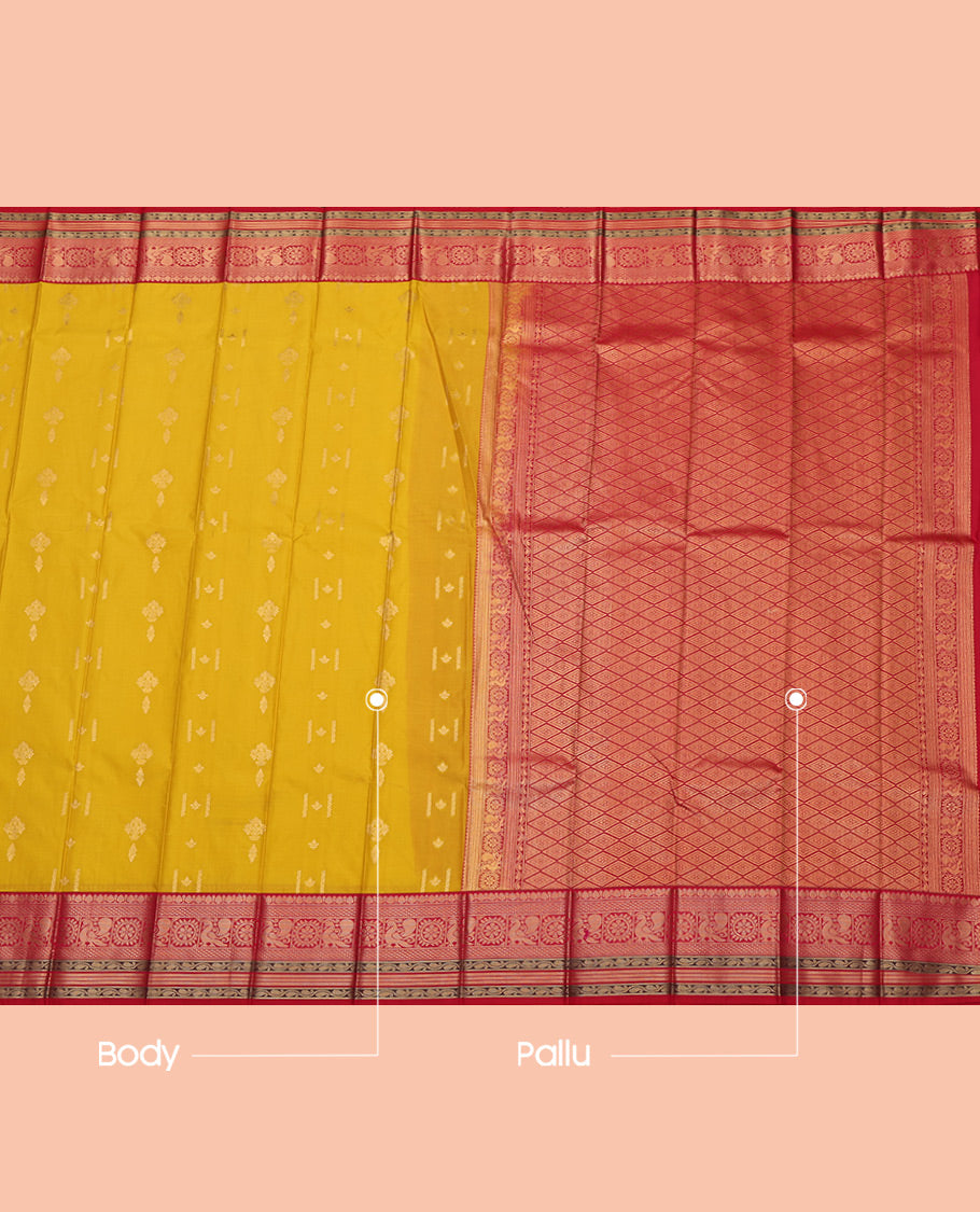 Yellow Budget Silk Saree, Delicately Woven with Zari Buttas All Over Its Body, Complemented by a Contrast Traditional Zari Border, Grand Jaal Pallu, and Paired with a Contrast Blouse