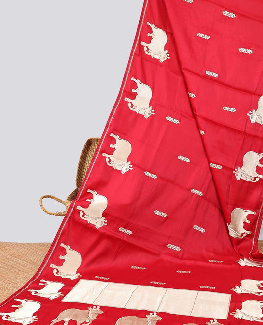 Red floral motifs semi-banaras tussar saree with self pichwai border & zari design pallu
