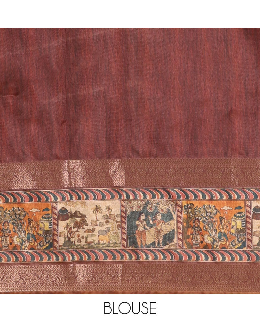 Mustard ancient human printed semi-tussar saree, traditional rettai pettu border of ancient human motifs print, printed pallu & running blouse