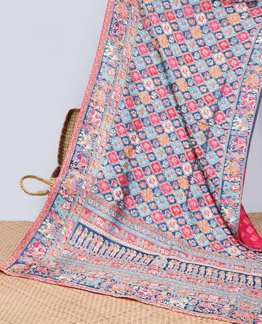 Multi-colored motifs enclosed with argyle design semi-banaras dola silksaree with contrast border & wedding design pallu