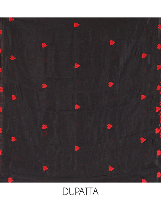 Black Semi-Silk Material Chudidar, Heart Embroidered Top, Plain Bottom, Heart Embroidered Dupatta