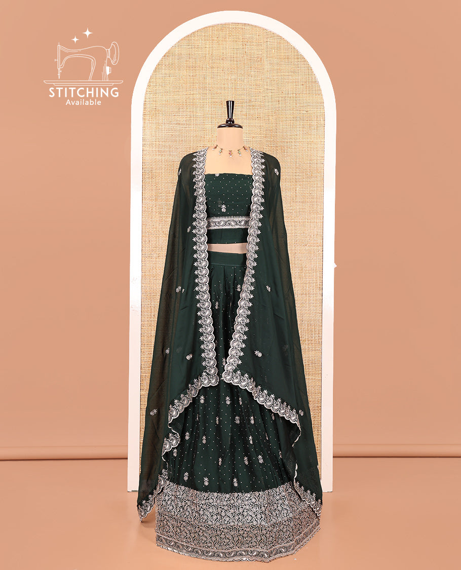 Bottle Green Georgette Half-Saree Featuring Embroidery Skirt, Floral Embroidered Border, Matching Blouse, Embroidered Dhavani