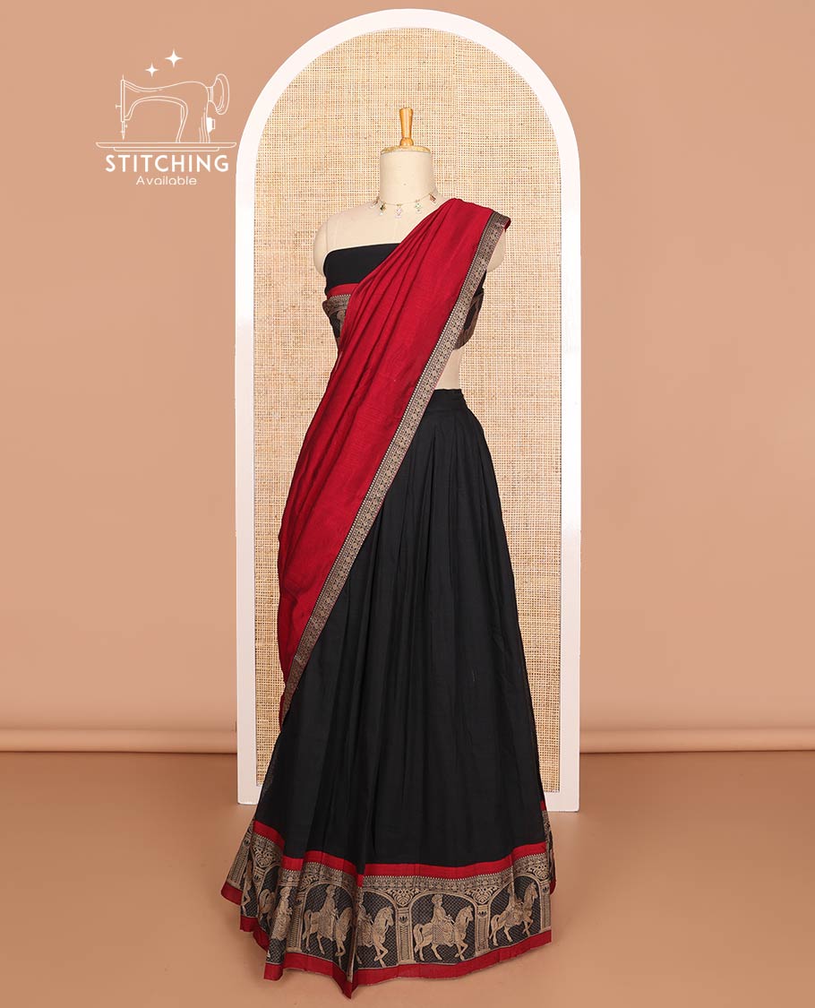 Black with maroon mercerised cotton daman resham border half saree with mercerised cotton blouse & skya georgette one side resam border work