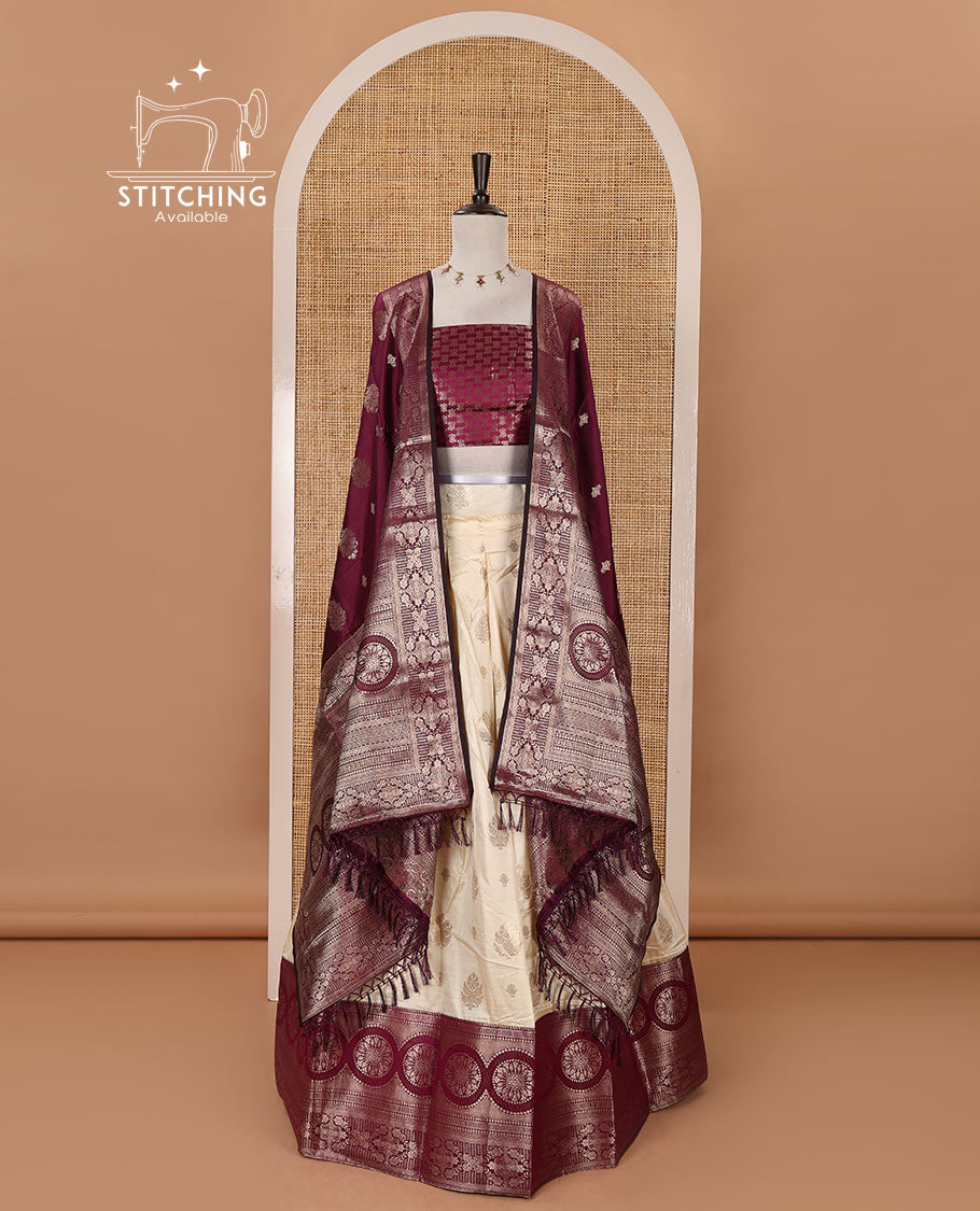 Cream-magenta semi-banaras half-saree, zari buttas & contrast traditional zari border skirt, jacquard blouse & intricately zari woven dhavani