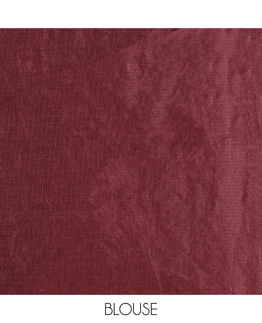 Pink-maroon floral vine chickankari embroidered kota chex saree, lace border, floral vine chickankari embroidered pallu, and contrast plain blouse