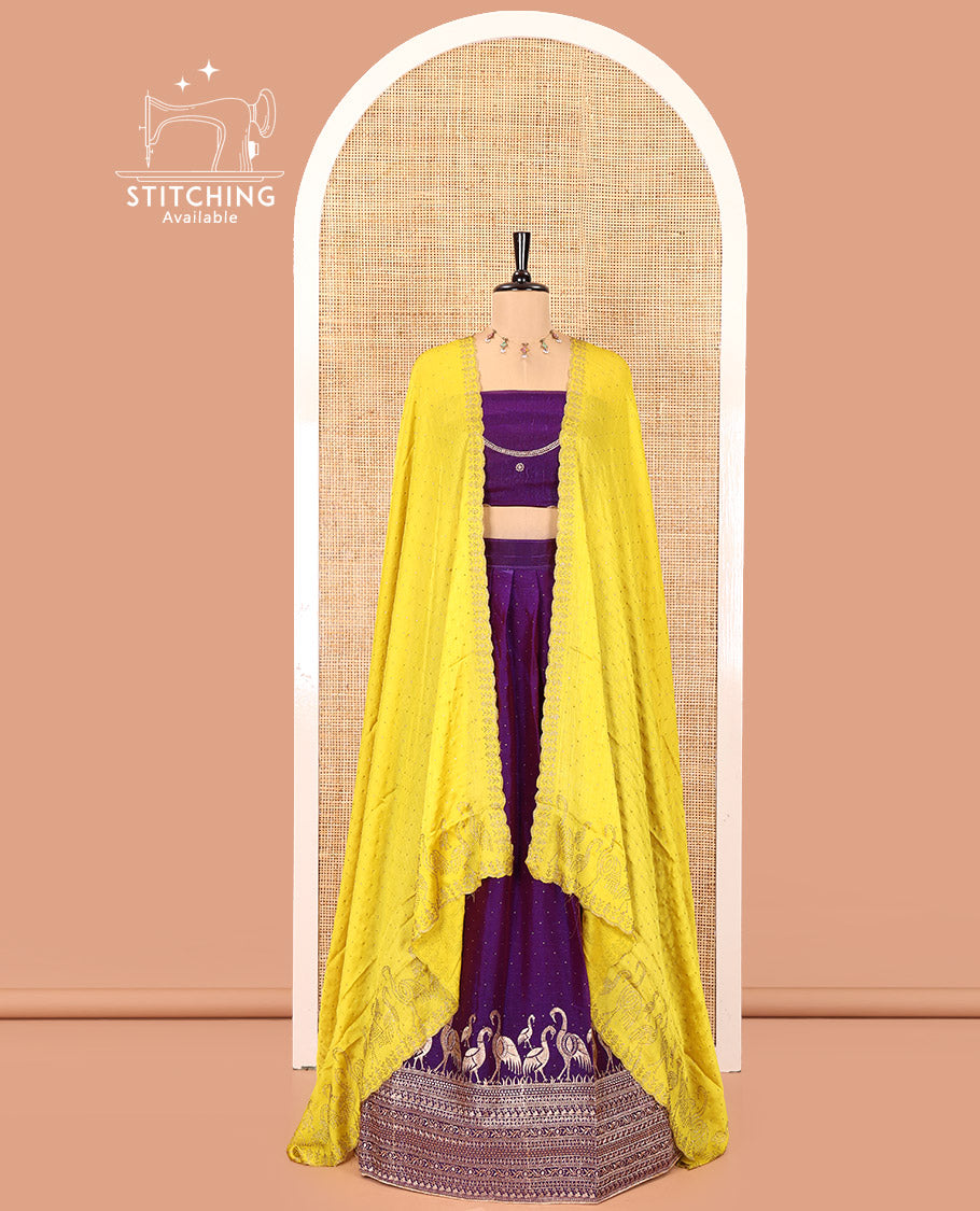 Violet Half-Saree Set, Finely Crafted with Stone Work and Bird Motifs Embroidery on Its Satin Georgette Skirt, Highlighted by Embroidered Border, Paired with a Matching Blouse, and Comes with a Contrast Scallop Stone Work Dupatta
