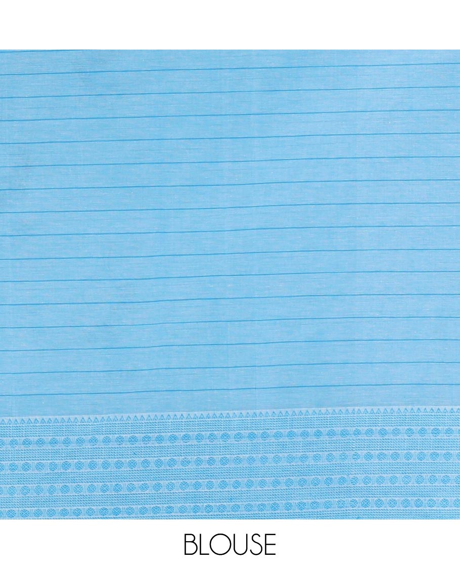 Cream-blue horizontal striped and girl motifs printed Mangalagiri cotton saree, traditional motifs woven border, printed pallu, and a contrast blouse