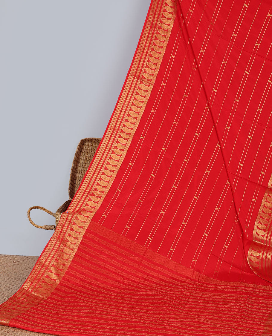Red striped art mysore silk saree with self zari design border & striped zari pallu