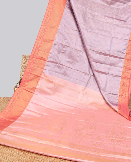 Lavender floral jacquard budget silk saree with contrast floral zari border & intricate zari design pallu