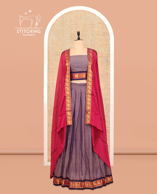 Grey Cotton Half-Saree Features Plain Skirt, a Contrast Elephant Zari Border, a Matching Blouse, and a Contrast Dhavani