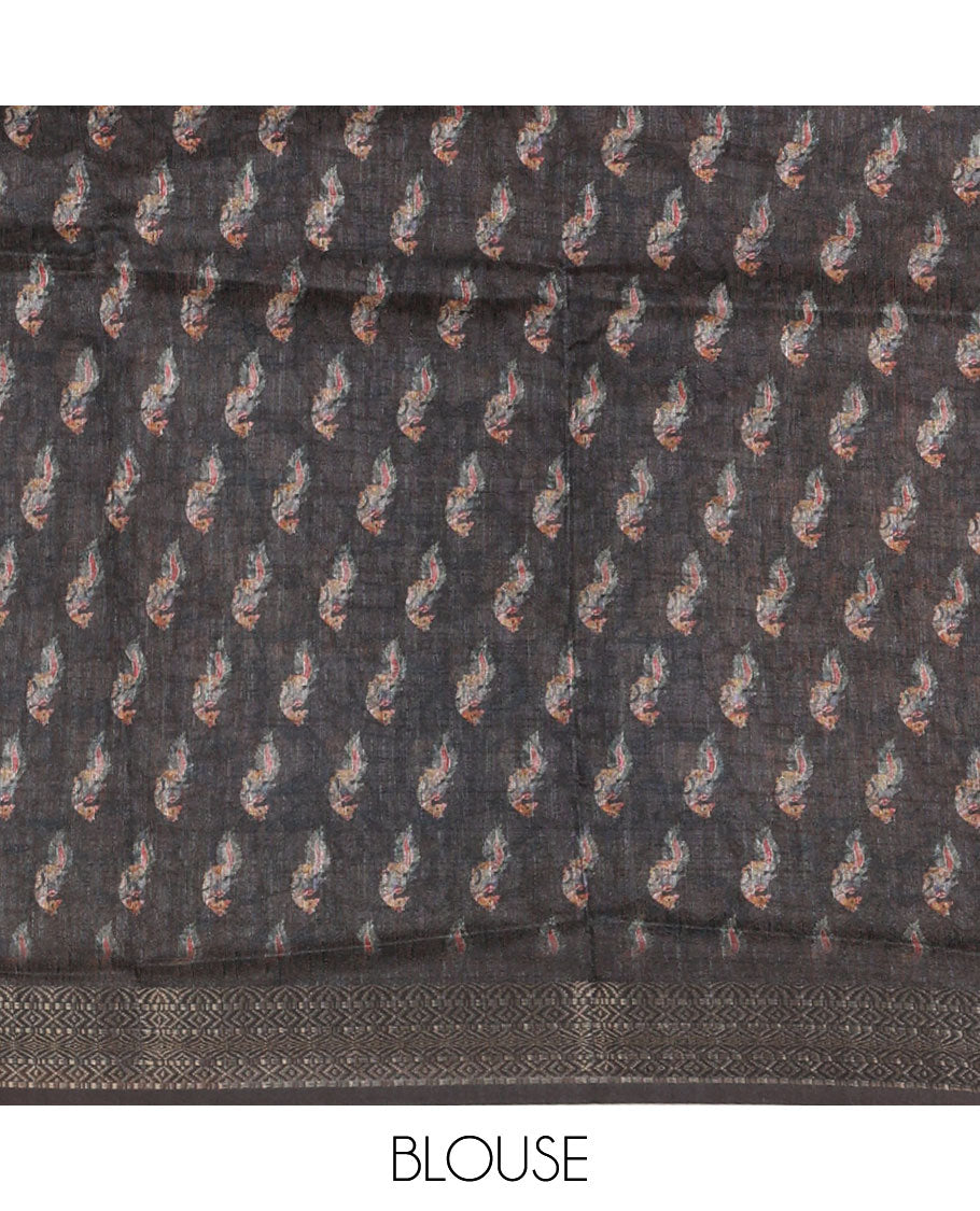 Chikku geometric abstract printed semi-jute saree, contrast geometric zari border, printed pallu, & black blouse of brid print & zari work