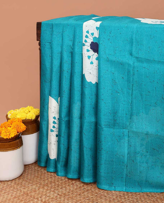 Borderless blue all-over floral print khadhi tussar saree with same color blouse