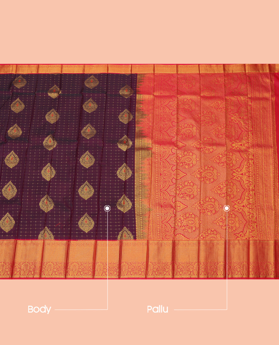 Maroon Budget Silk Saree, Decorated with Zari Buttas and Checks, a Contrast Traditional Zari Border, Grand Pallu, and a Contrast Blouse