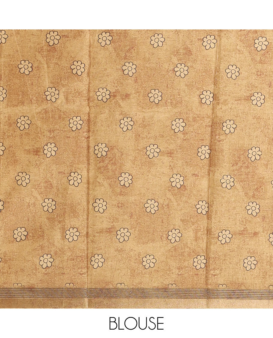 Mustard kalamkari style floral vine printed semi-tussar saree, gold zari piping border, printed pallu, and matching printed blouse