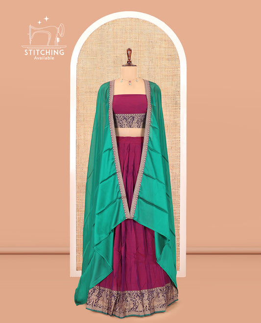 Dark Purple Mercerised Cotton Half-Saree Features a Plain Skirt, a Bridegroom Motif Border, a Matching Blouse, a Contrast Dhavani