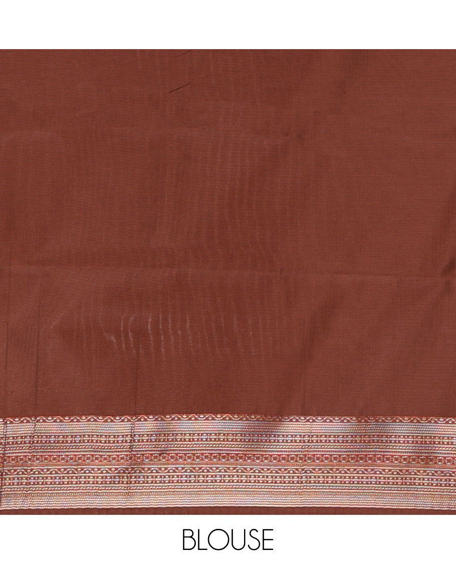 Sandal zari checked & elephant motifs woven kanchi silk saree, contrast korvai-style border of elephant motifs, intricate pallu & plain blouse