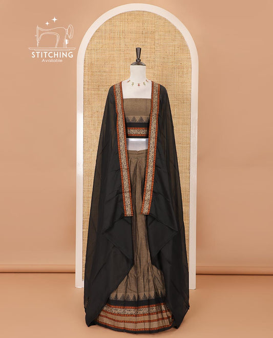 Grey mercedised cotton half-saree, contrast traditional resham thread border skirt, matching blouse & contrast black thread border georgette dhavani