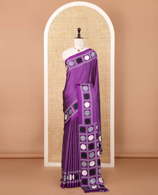 Violet small polka dots printed gajji silk saree with self-border & pallu printed with a dot enclosed checks, blouse with intricate motif print