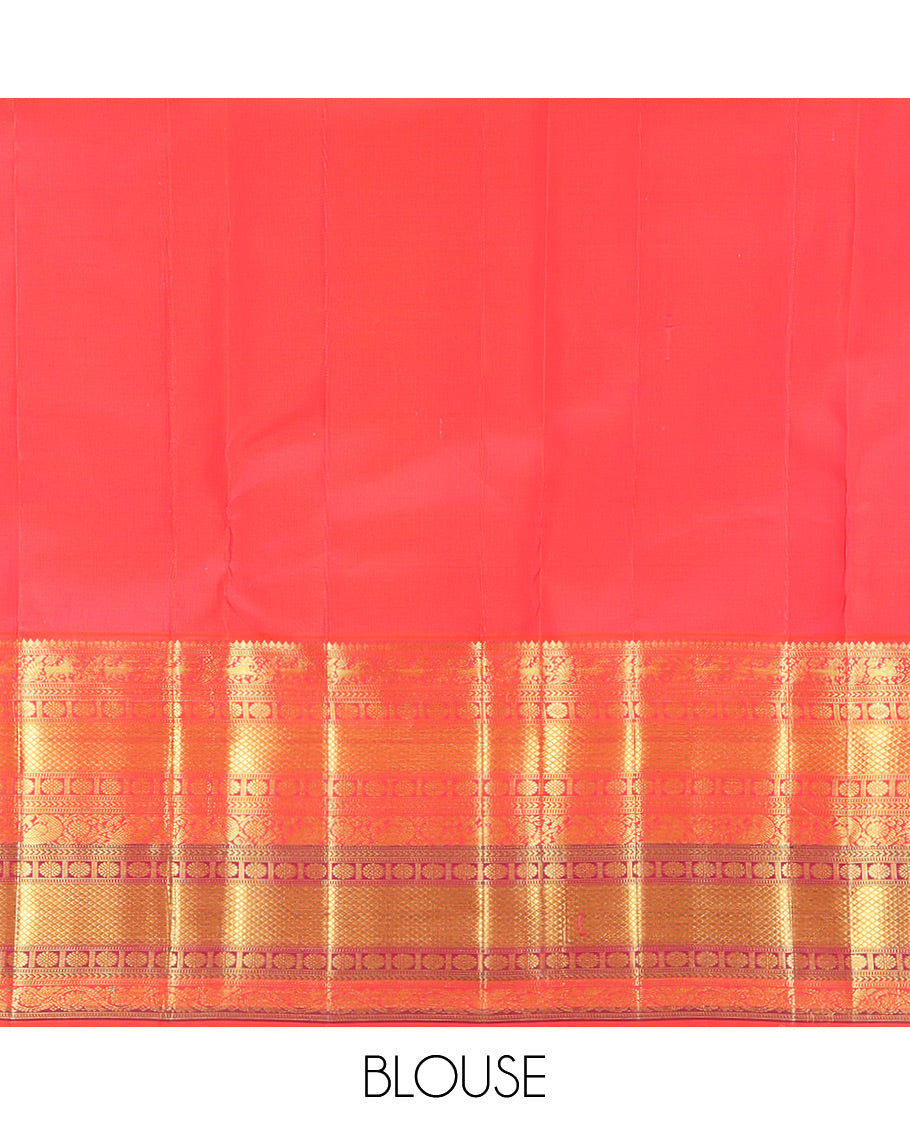 Blue Kanchipuram Silk Saree, Accentuated with Mayil Buttas, a Contrast Korvai Border of Thilakam Mokku, Yaali, Kamalam, Kuyil Kann, Mayil, and Dhavana Kodi, Jaal Pallu, and a Contrast Blouse