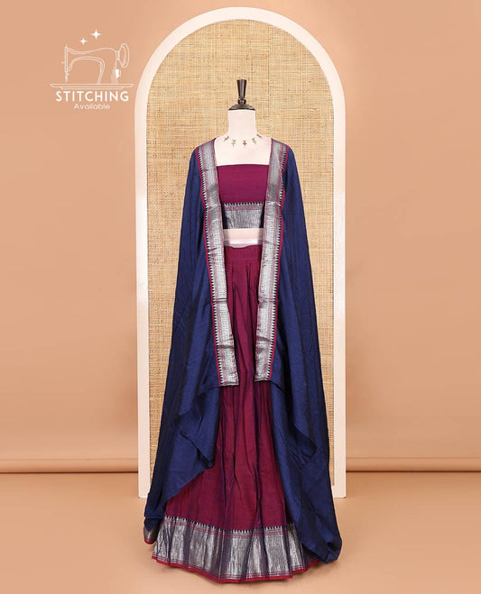 Magenta-Blue Mercerised cotton half-saree, plain & contrast temple geometric border skirt, matching blouse & contrast zari border Vichitra silk dhavani