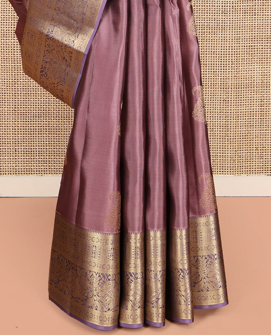 Brown Vasundhara Lite Silk Mix Saree, Adorned with Zari Buttas, a Contrast Temple Traditional Zari Border, an Intricate Pallu, and a Contrast Blouse