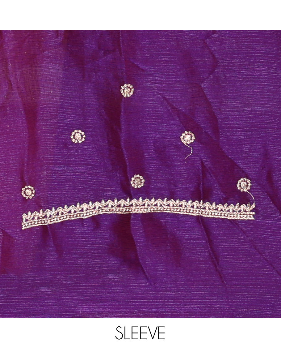 Violet Half-Saree Set, Finely Crafted with Stone Work and Bird Motifs Embroidery on Its Satin Georgette Skirt, Highlighted by Embroidered Border, Paired with a Matching Blouse, and Comes with a Contrast Scallop Stone Work Dupatta
