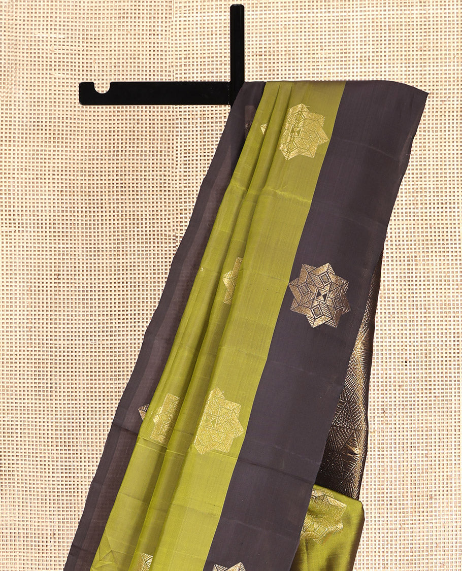 Black Mayuri Lite Silk Mix Saree, Subtly Woven with Zari Buttas, Complemented by Contrast Border, Pallu of Geometric Patterns and a Contrast Blouse