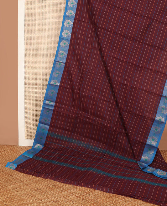 Maroon striped Chettinad cotton saree, contrast zari border of paisley motifs