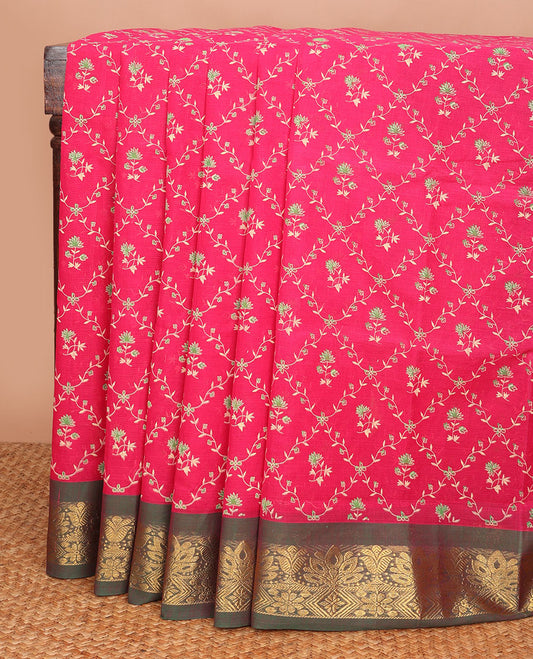 Pink floral jaal printed Andhra cotton saree, contrast traditional zari motif border & zari pallu of paisleys