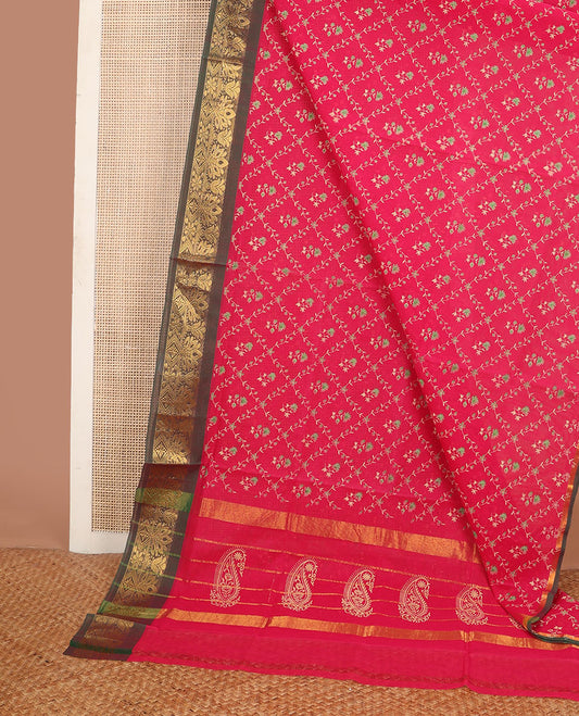 Pink floral jaal printed Andhra cotton saree, contrast traditional zari motif border & zari pallu of paisleys