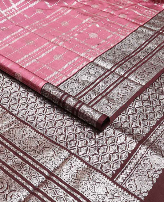Red checked, motifs venkatagiri cotton saree with contrast intricate zari design border & ogee design pallu
