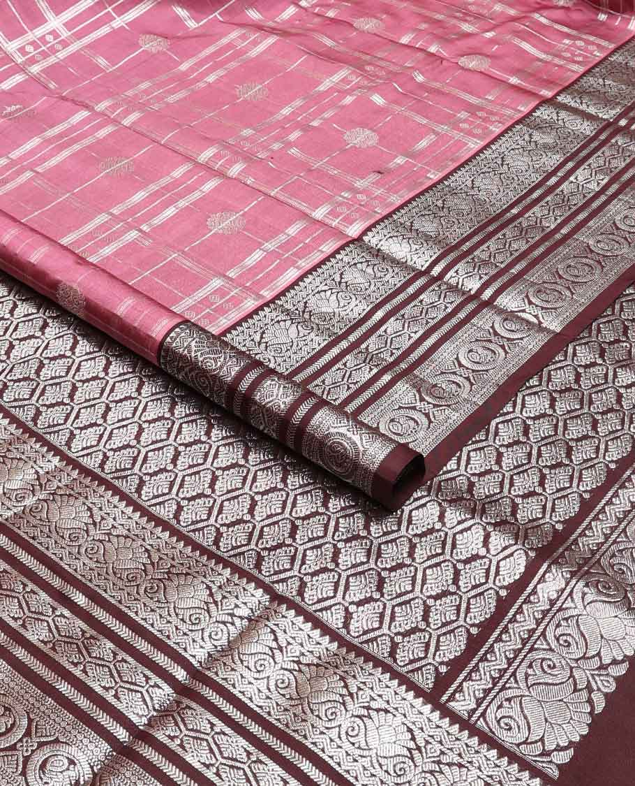 Red checked, motifs venkatagiri silk saree with contrast intricate zari design border & ogee design pallu