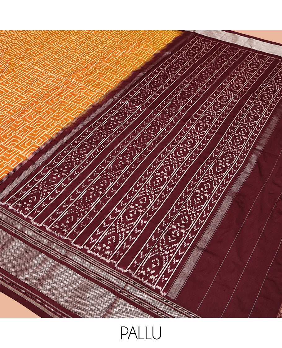Yellow Pochampally Ikat Silk Saree, Decorated with Ikat Geometric Designs on Its Body, Complemented by a Contrast Zari Peacock-Eye Border, Ikkat Weave Pallu, and Paired with a Contrast Blouse