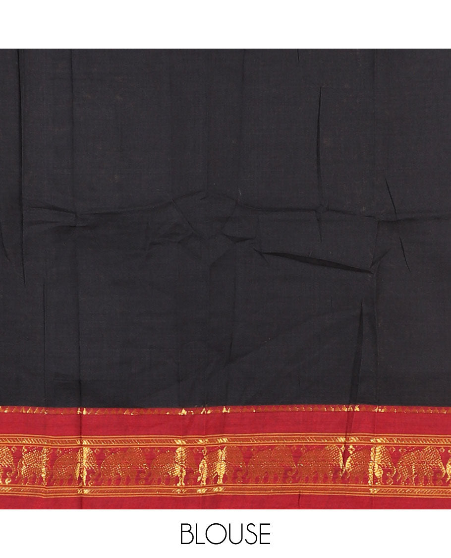 Black half-saree, plain with contrast traditional zari elephant border skirt, matching blouse, and a contrast zari border dupatta