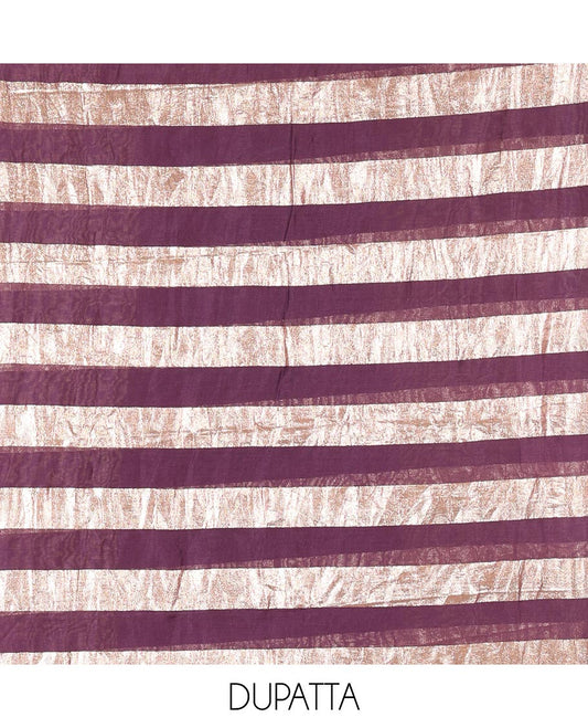 Lavender material chudidar set, plain with pom-pom tasseled mul chanderi top, a matching bottom, and organza dupatta of stripes