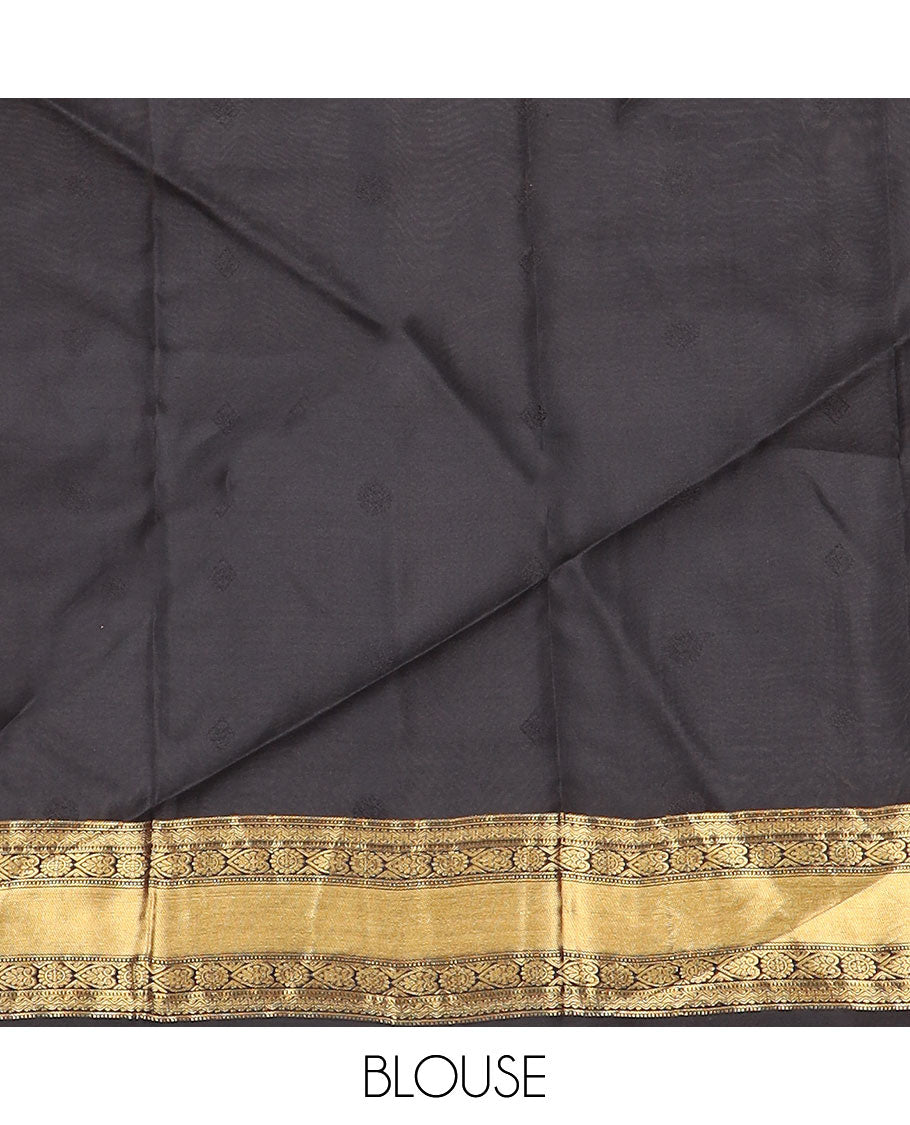 Green buttas vasundhara silk mix saree, contrast chakra motifs pallu & border of muthu,rettai neli poun,banaras,kattari,jadai nagam