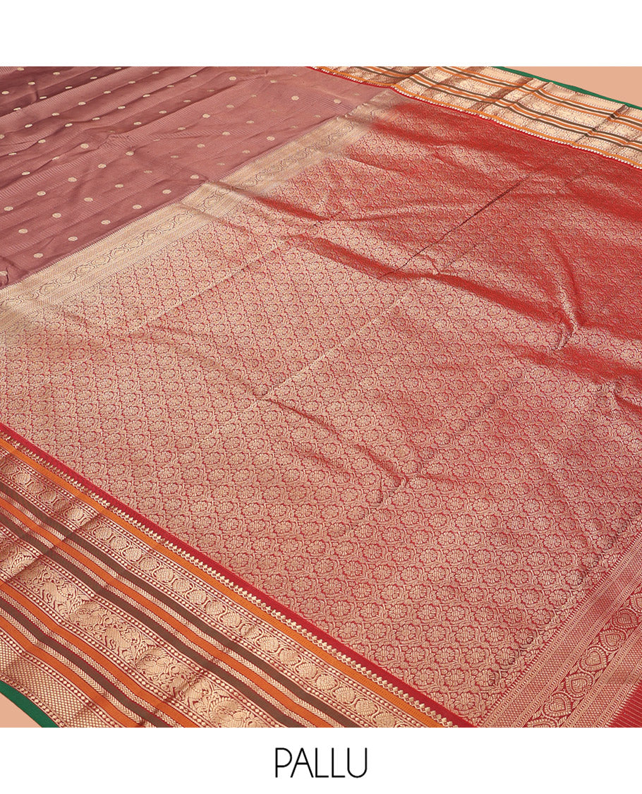Brown-Maroon Stripes-Buttas Vasundhara Silk Saree, Contrast Traditional Border, and Contrast Blouse