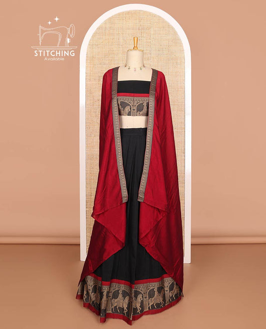 Black with maroon mercerised cotton daman resham border half saree with mercerised cotton blouse & skya georgette one side resam border work