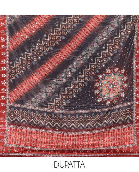 Black & red material chudidar set, Arjrakh print & mirror work Masakali crepe top,santoon bottom & Arjrakh print & mirrorwork chinon dupatta