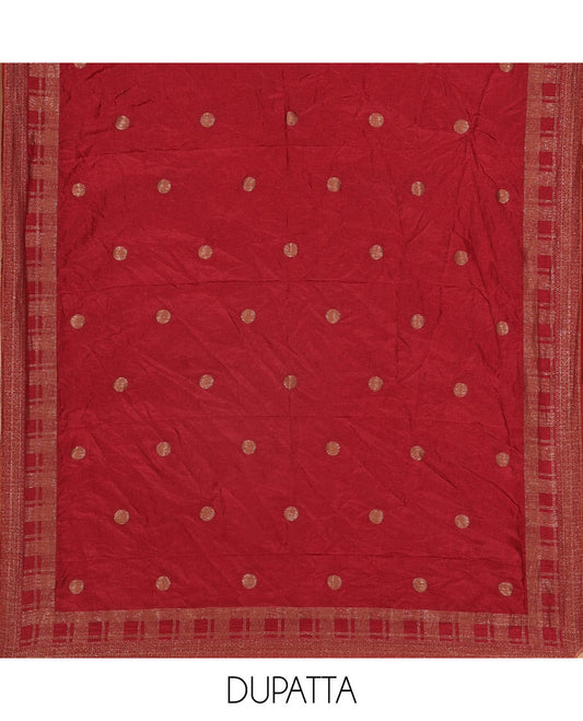 Red Material Chudidar Set Adorned with Copper Zari Checks Semi-Modal Silk Top, Subtly Made Plain Santoon Bottom, and a Semi-Modal Dupatta Featuring Polka Dots in Zari