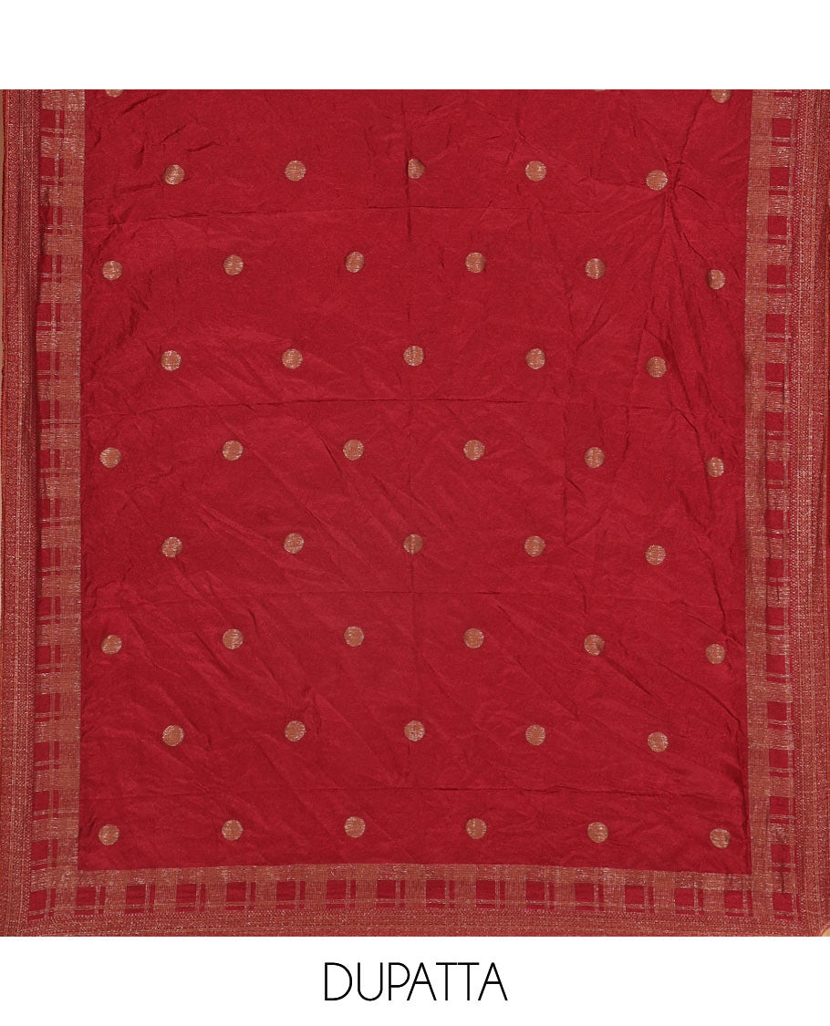Red Material Chudidar Set Adorned with Copper Zari Checks Semi-Modal Silk Top, Subtly Made Plain Santoon Bottom, and a Semi-Modal Dupatta Featuring Polka Dots in Zari