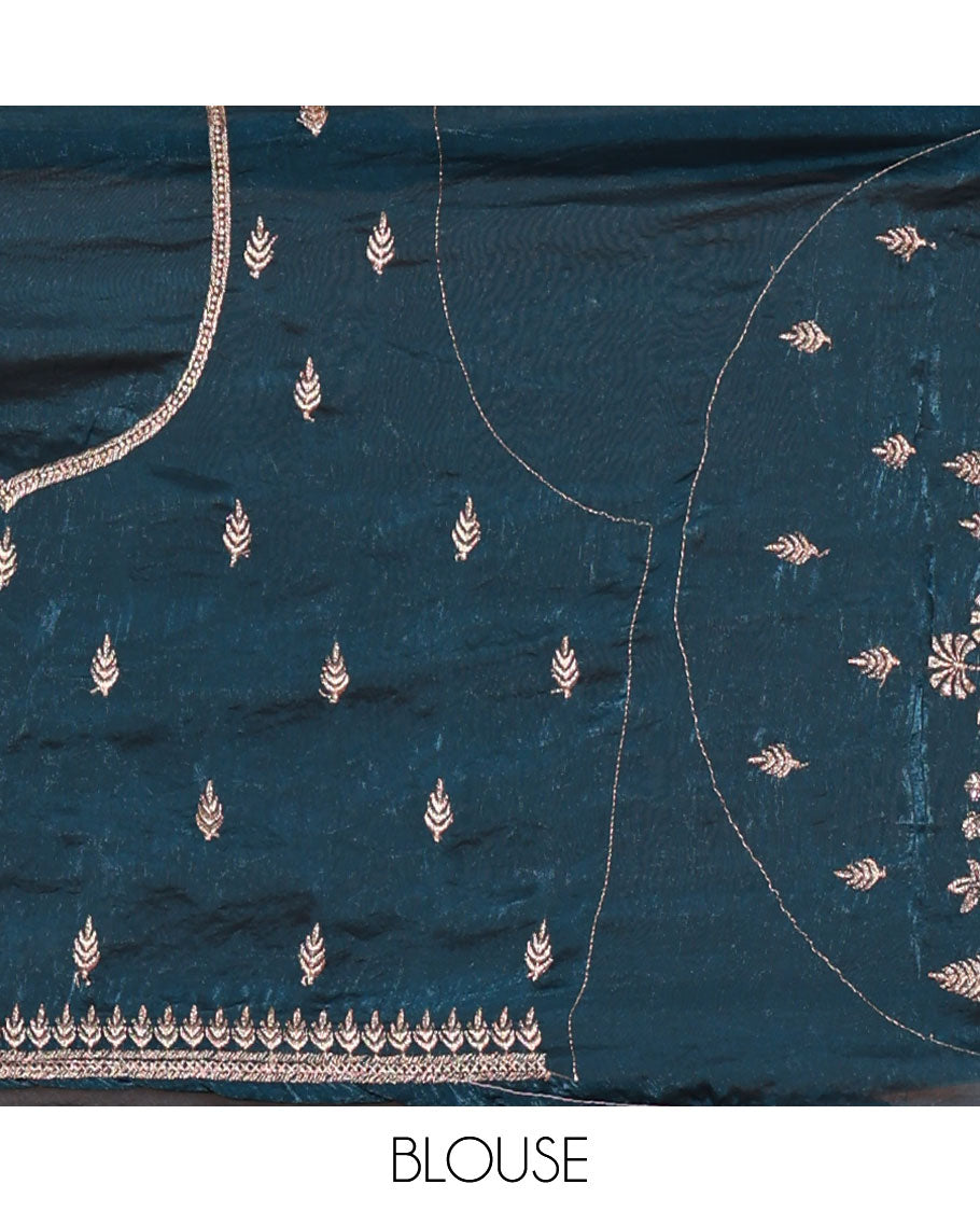 Peacock blue half-saree, floral and bird motifs embroidered velvet organza top, matching embroidered blouse, and contrast scallop embroidered syska georgette dhavani