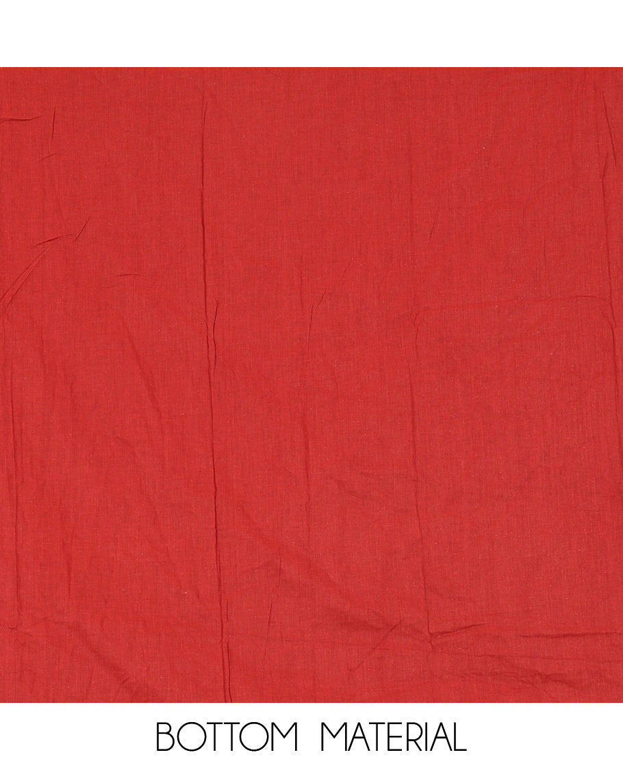 Cream-Red Cotton Hakoba Material Churidar Features Print and Ajrakh Neck Work Top, a Cotton Bottom, an Ajrakh Printed Dupatta