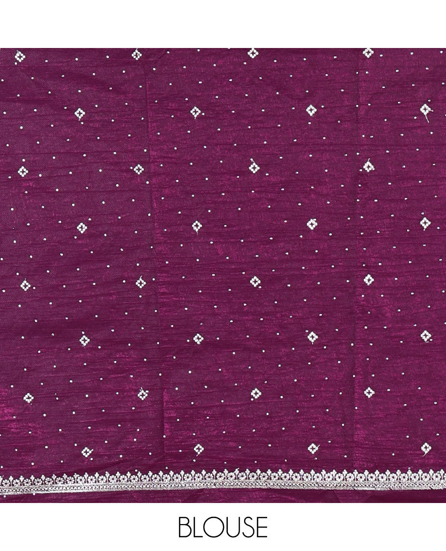 Purple half-saree, floral motifs embroidered semi-raw silk top, matching embroidered blouse, and contrast scallop embroidered georgette dhavani