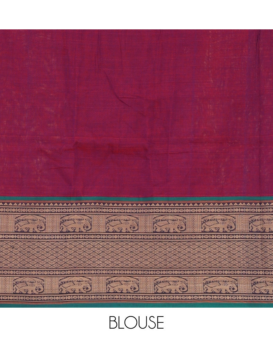 Purple with green cotton half saree with contrast elephant design border,elephant design blouse & zari design border dhavani